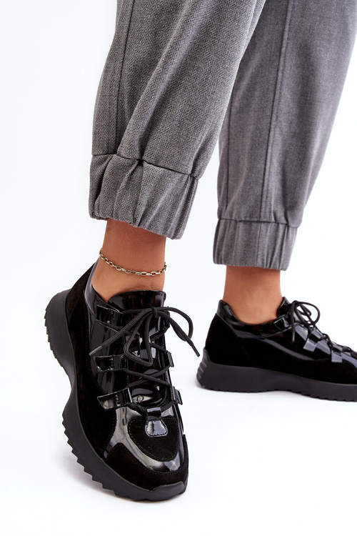 Buty Sportowe Lakierowane Damskie Skóra Czarne M01/2 Zazoo