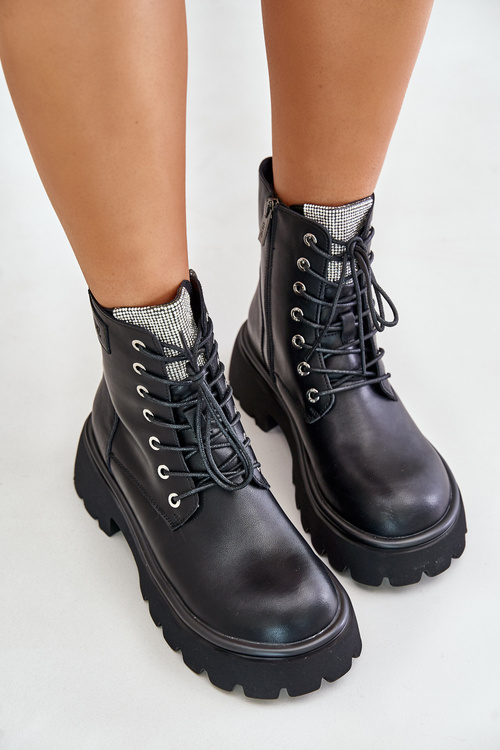 Warm Leather Ankle Boots Workers For Women With Zirconia GOE OO2N4125 Black