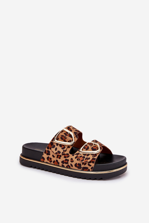 Women's platform slippers with leopard print and gold buckles brown Tersele