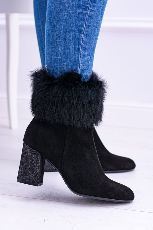 Damskie Czarne Zamszowe Botki Z Futrem Laura Messi 1689