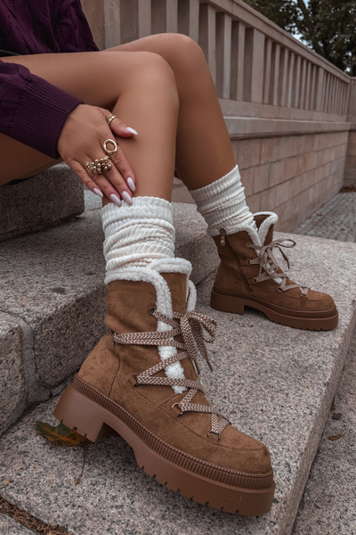 Damskie Śniegowce Eko Zamszowe Z Kożuszkiem Camel Irmara