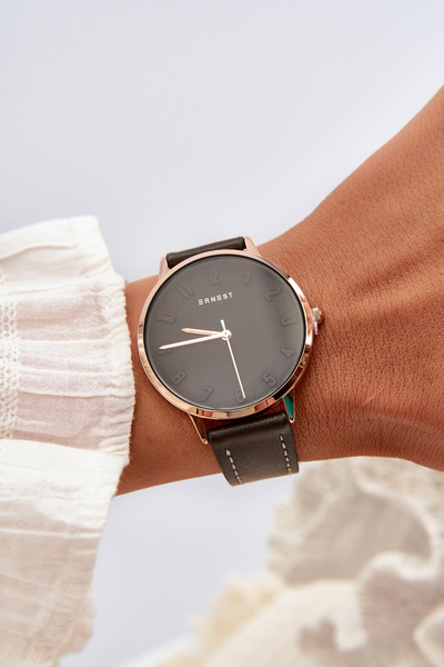 Zegarek Pasek Skóra Damski Bez Niklu Czarny Ernest E94195