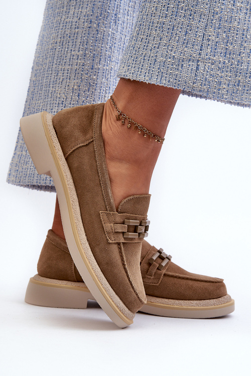 Women's Suede Loafers with Flat Heel and Decoration D&A TW101 Brown