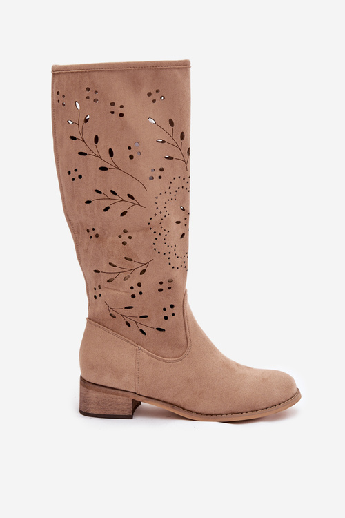 Damskie Kozaki Ażurowe Na Klocku Beżowe Helinna