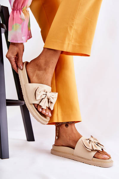 Classic Women's Leather Slippers With A Bow Beige Dessy