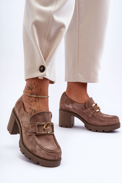 Półbuty Eleganckie Obcas Słupek Złota Ozdoba Ciemnobeżowe Lemar Harmell 20097