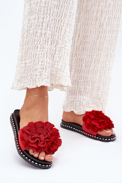 Women'S Slippers With Fabric Flowers Red Elachase