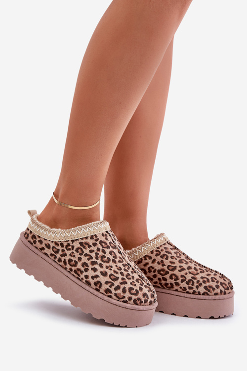 Women's Platform Snow Boots Insulated With Fur Leopard Brown Straps