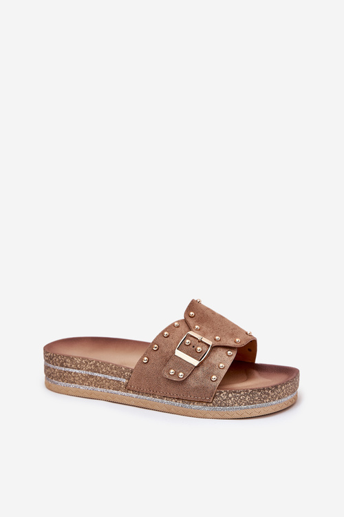 Ladies Platform Sandals With Buckle And Studs Khaki Nusithia