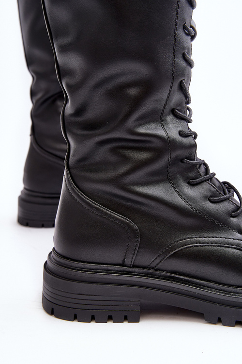 Women's mid-calf lace-up black combat boots Elavettsa