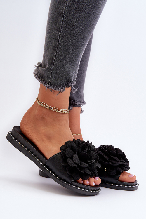 Women's Sandals Decorated with Flowers Black Cellanen