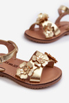 Children's sandals adorned with flowers, fastened with velcro, golden Fagossa