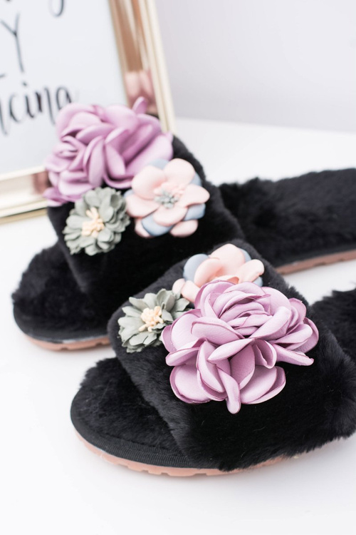 Czarne Klapki Damskie Z Kwiatkami Lu Boo Bouquet