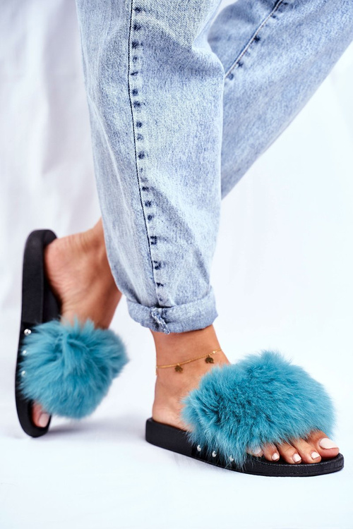 Women's Slides With Natural Fur Green Bushido