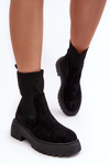 Women's Suede Boots with Sock on Platform and Flat Heel Black Rewam