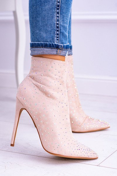 Lu Boo Beige High Suede Cubano Zirconia Stiletto Booties