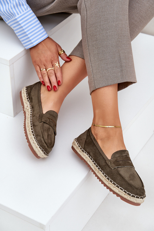 Womens espadrilles with jute weaving on flat sole dark green Shilova