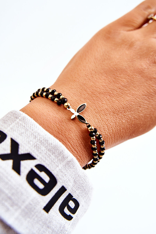 Women's Double Bracelet With Beads Black-Gold Butterfly