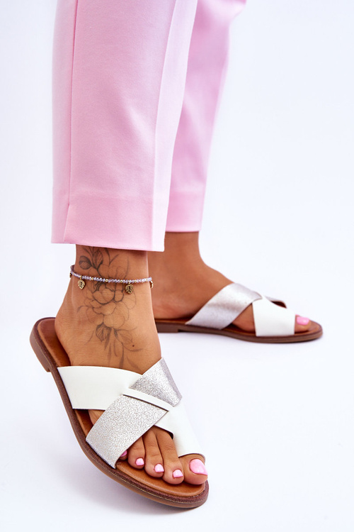 Classic Women's Leather Slippers White-Silver Nancy
