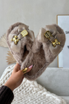 Fur Women's Slippers With Bow And Gold Decoration Dark Beige Nolara