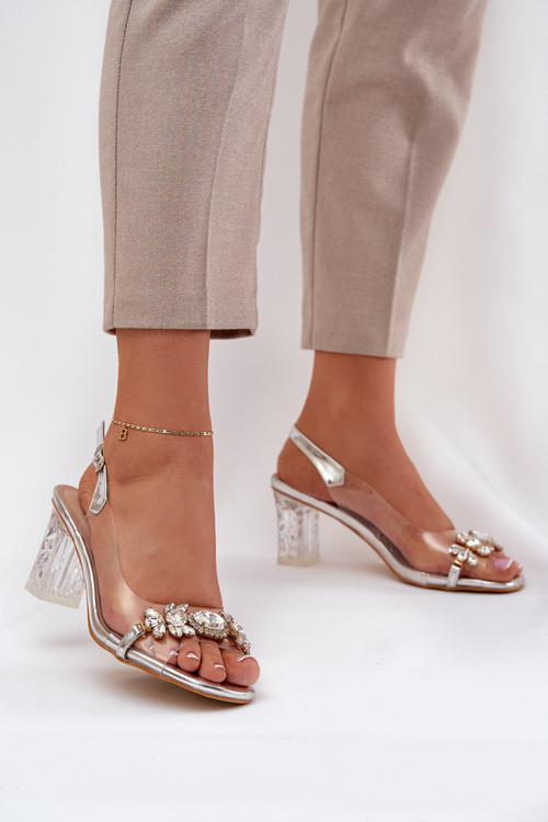Elegant Heeled Sandals With Decorations Silver D&A MR38-444