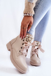Leather, insulated boots with a zipper with pearls beige Raiso