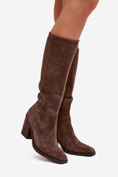 Suede Knee High Boots With Zip Brown Lissara