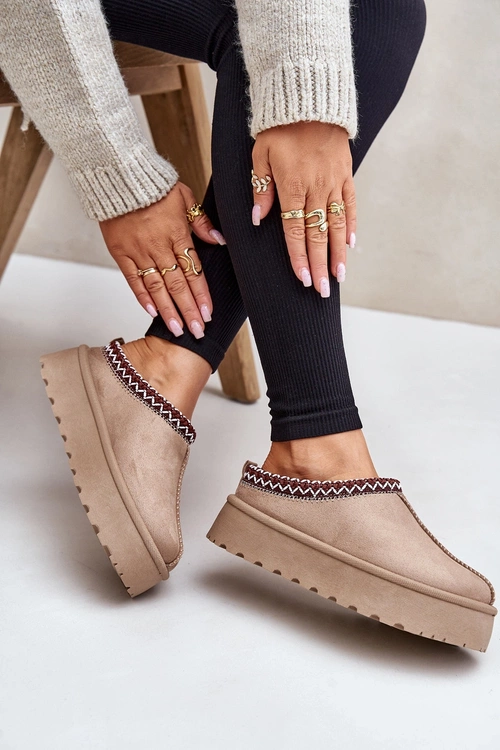 Low Women's Snow Boots With Embroidery On Platform Dark Beige Narirya