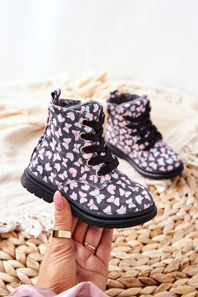 Leather Woolen Boots Warmed with Grey Butterflies Amy