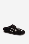 Women's slippers with decorations and buckle lined with fur black Thalora