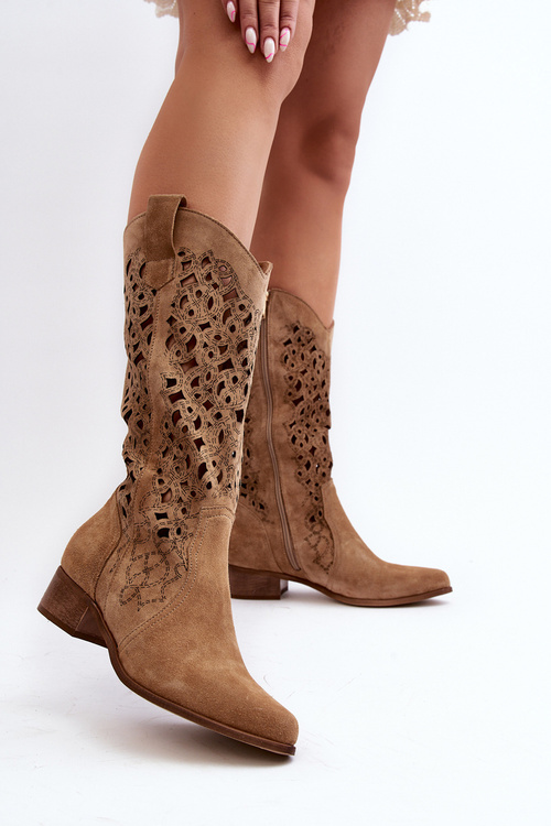 Kozaki Damskie Ażurowe Niski Obcas Beżowe Zazoo 3403