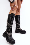 Women's Classic Leather Boots with Chains Black Lannera