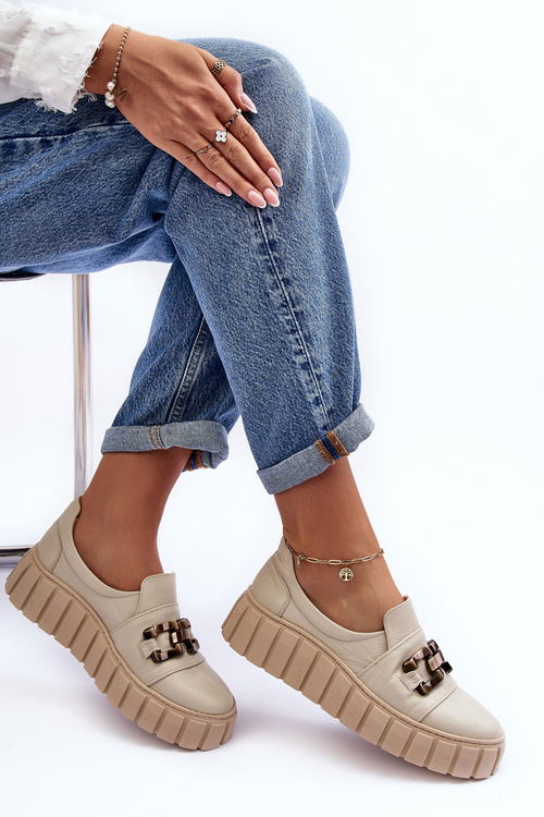 Women's Leather Platform Shoes with Decorative Beige Lewski 3398