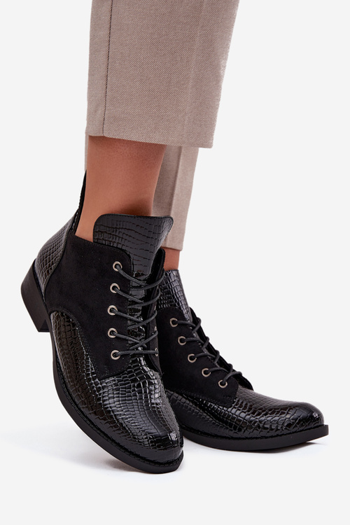 Patent Leather Women's Ankle Boots with Decorative Embossing Insulated Vinceza 16477 Black