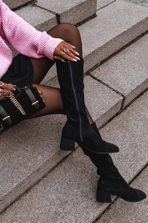 Damskie Kozaki Obcas Klocek Eko Zamsz Zdobienie Czarne Ivanna