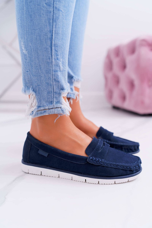 Women's Suede Leather Moccasins Navy Blue Lauren