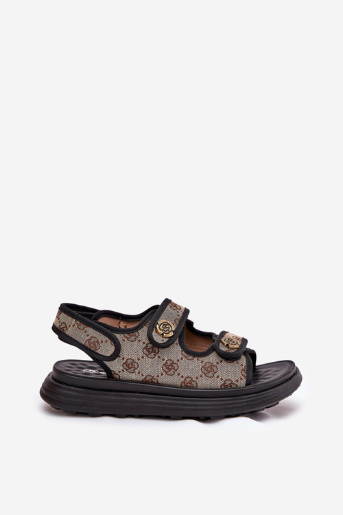 Ladies Patterned Fabric Sandals With Golden Details Beige-Black Pefese