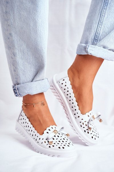 Women's Leather Openwork Moccasins LR71515 White Murrieta