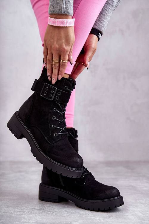 Women's Lace-up Suede Flat Heel Boots Black Firmina