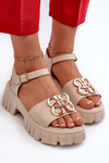 Women's Leather Sandals with Gold Decoration Beige Vinceza 7910