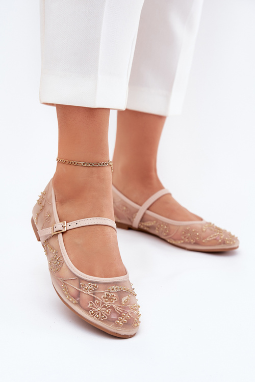 Mesh Ballet Flats With Embroidery And Decoration Beige Tillilora