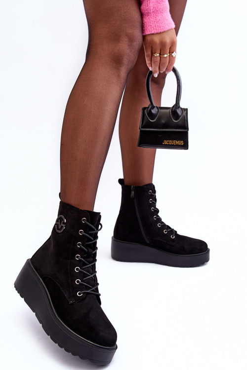 Suede Boots Workery on Massive Platform Wedge Heel Black Lavica
