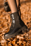 Women's Biker Lace-up Boots Sock Black My Need