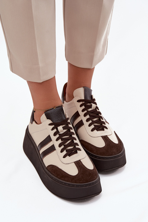 Damskie Sneakersy Skóra Naturalna Platforma Beżowo-Czekoladowe Zazoo 3775