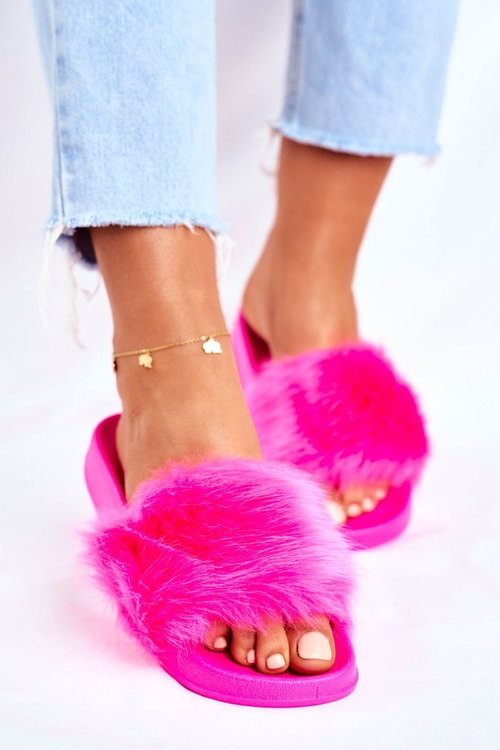 Women's Slides With Fur Neon Fuchsia Fur