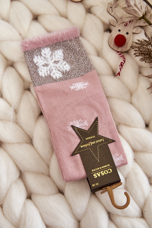 Women's Long Socks With Snowflakes Pink