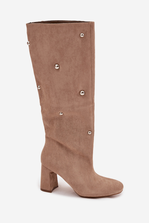 Women's Fur-lined Boots on Block Heel with Decorative Details Beige Lucinda