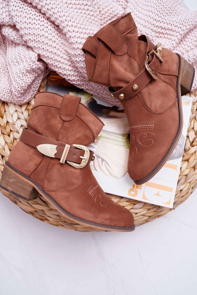 Women's Flat Heeled Cowboy Boots with Buckle Camel Ewell