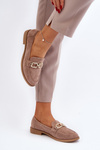 Dark Beige Women's Suede Moccasins with Flat Heel Misal