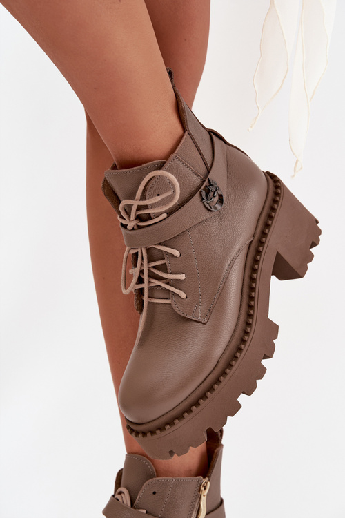 Damskie Botki Skóra Ozdobny Pasek Obcas Klocek Ocieplane Ciemnobeżowe Zazoo 60557